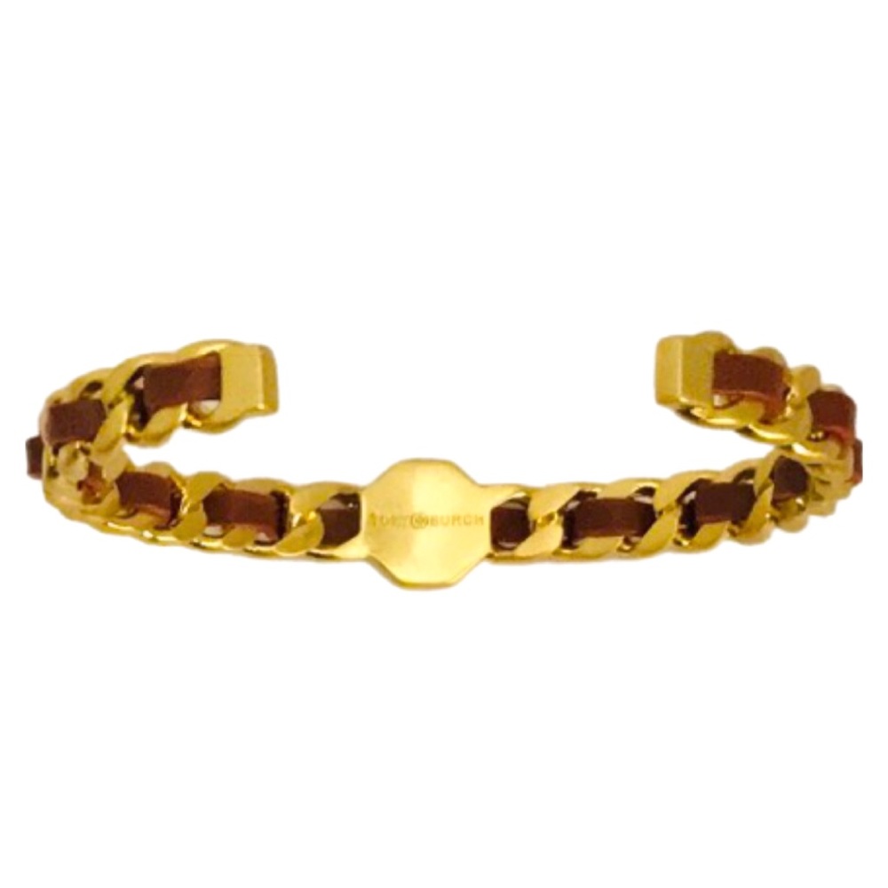 TORY BURCH • Rust Brown Woven Leather Marion Chain Cuff Bracelet - Picture 5 of 6